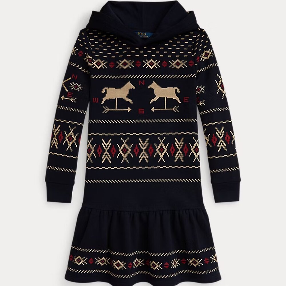 Ralph Lauren Girls Warm & Cozy Weathervane Fairisle Navy Fleece Hooded Dress NWT
